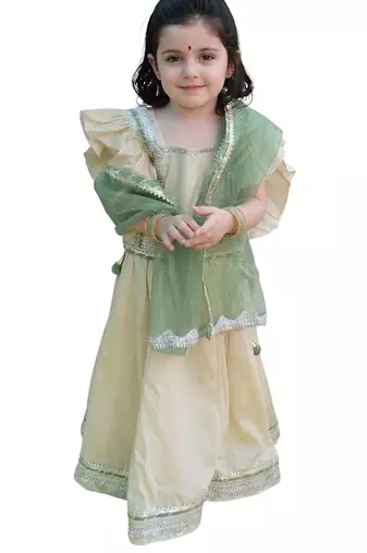 Beige green embroidered silk lehenga set