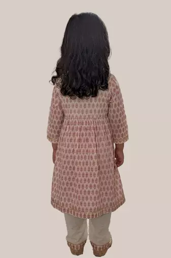 Off white pink printed cotton anarkali kurti set