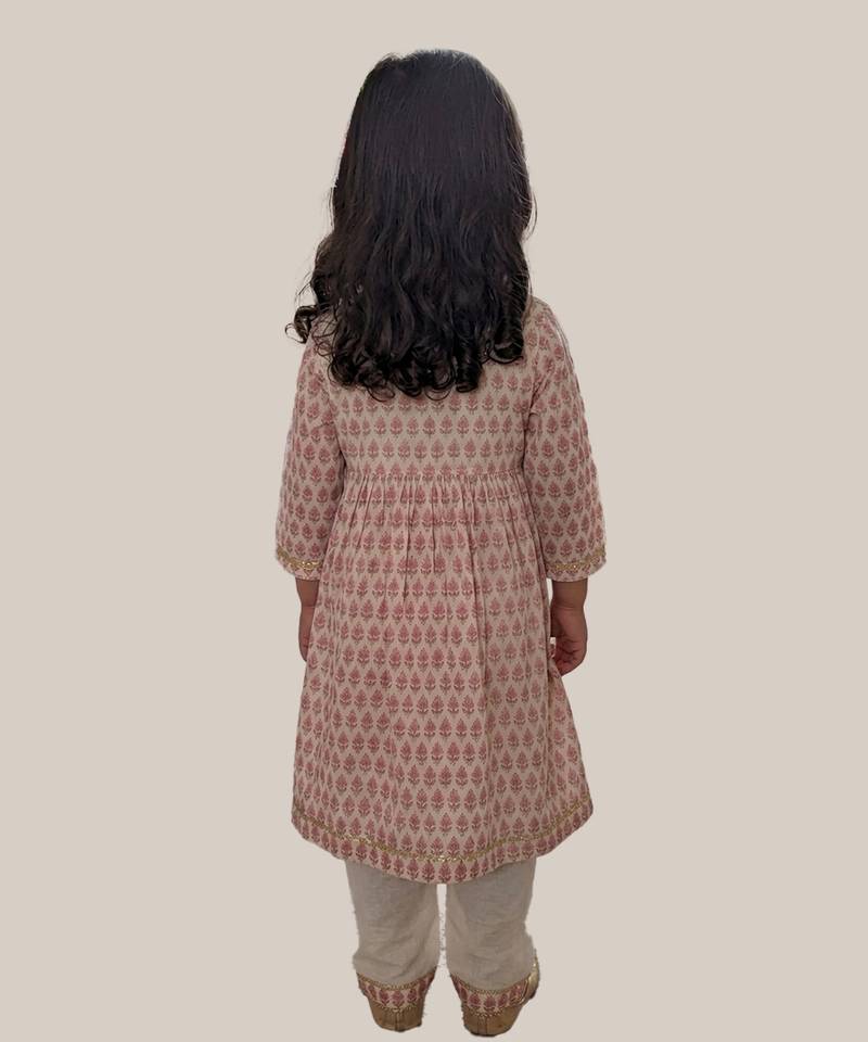 Off white pink printed cotton anarkali kurti set