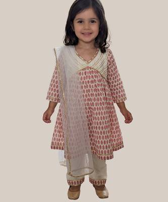 Off white pink printed cotton anarkali kurti set 4