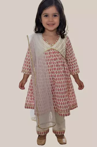 Off white pink printed cotton anarkali kurti set