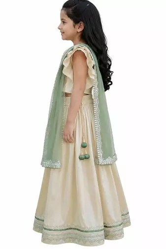 Beige green embroidered silk lehenga set