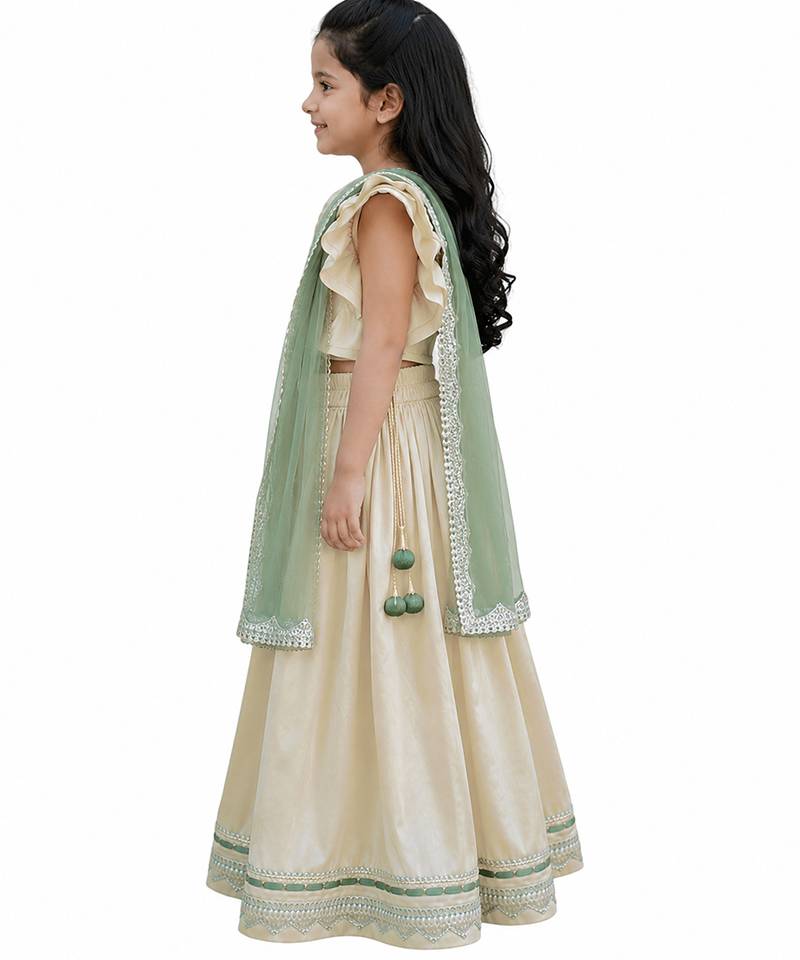 Beige green embroidered silk lehenga set