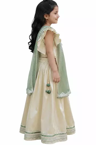 Beige green embroidered silk lehenga set