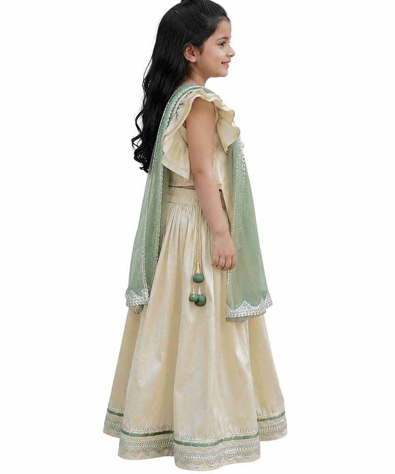 Beige green embroidered silk lehenga set