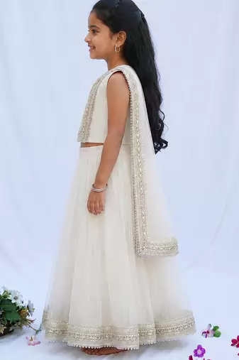 Off white embroidered net lehenga set