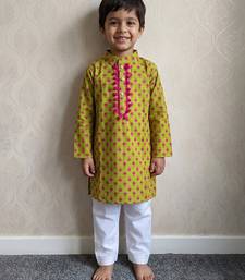 Lime green printed cotton kurta pyjama