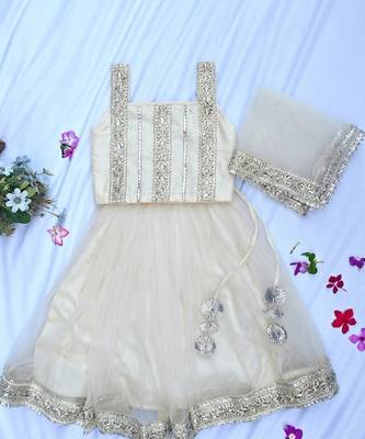 Off white embroidered net lehenga set 5