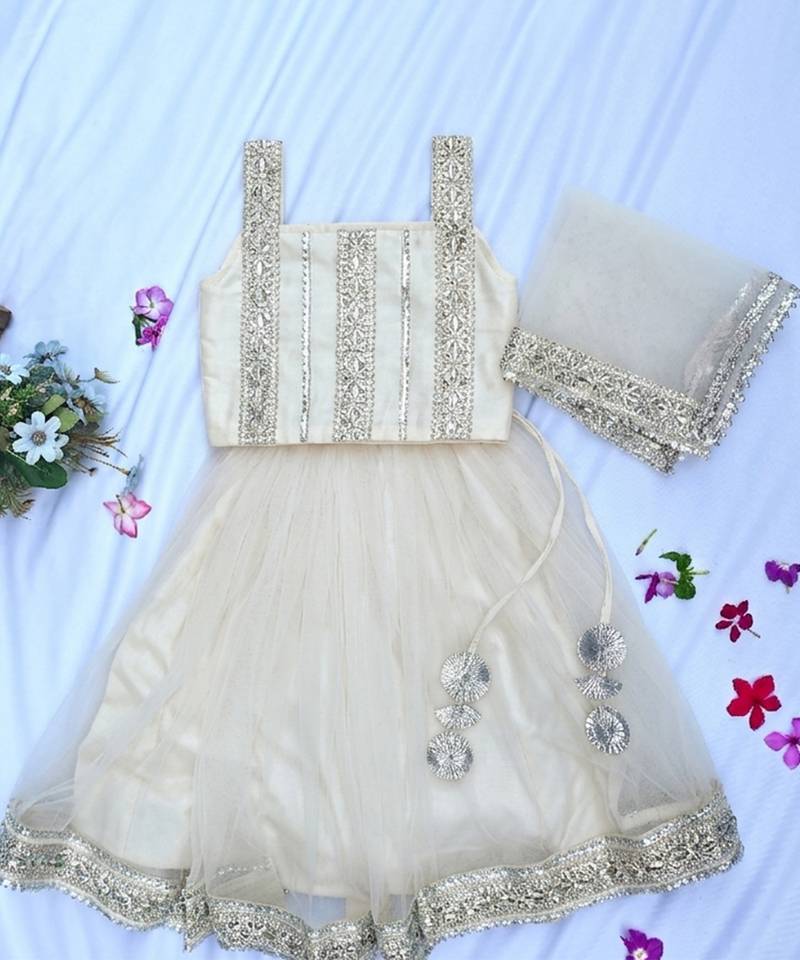 Off white embroidered net lehenga set