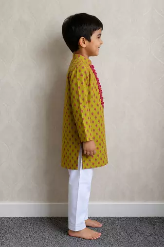 Lime green printed cotton kurta pyjama