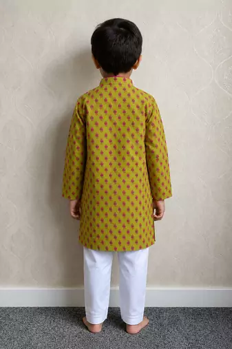 Lime green printed cotton kurta pyjama