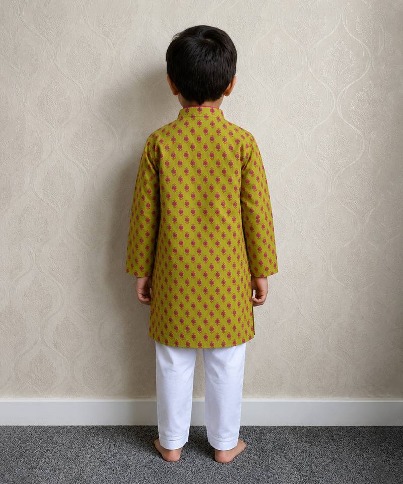 Lime green printed cotton kurta pyjama