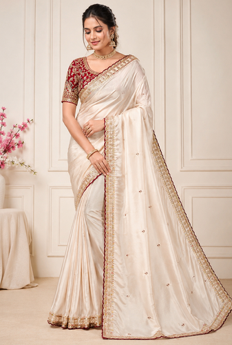 Off White Color C -pallu sequence  coding embroidery work with  Sequence Butti Silk Blend Saree