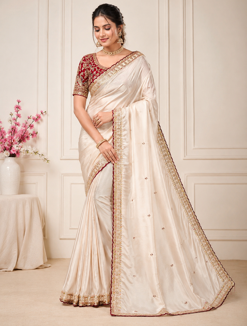Off White Color C -pallu sequence  coding embroidery work with  Sequence Butti Silk Blend Saree
