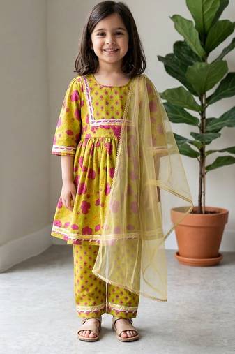 Lime green printed cotton kurti set