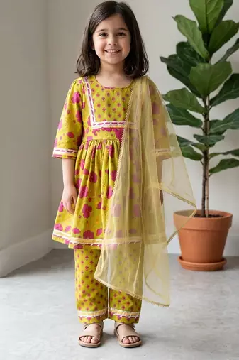Lime green printed cotton kurti set