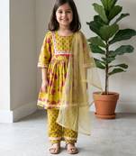 Lime green printed cotton kurti set