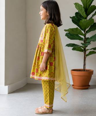 Lime green printed cotton kurti set 2