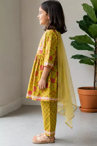 Lime green printed cotton kurti set