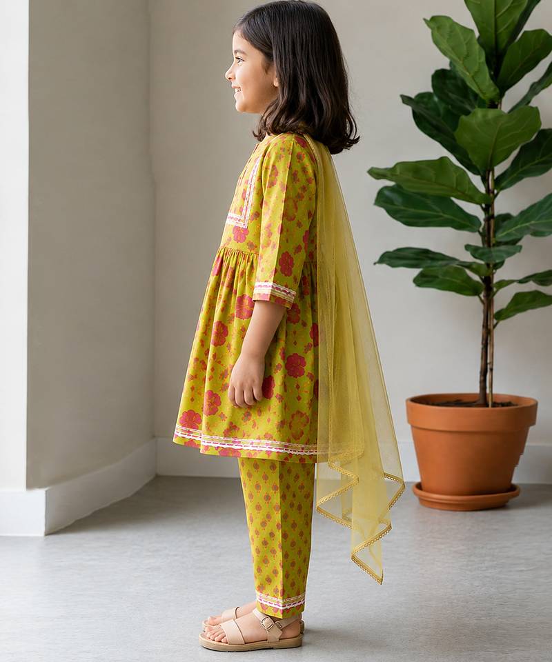 Lime green printed cotton kurti set