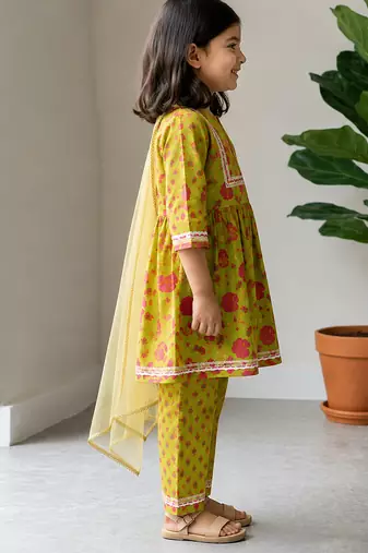 Lime green printed cotton kurti set