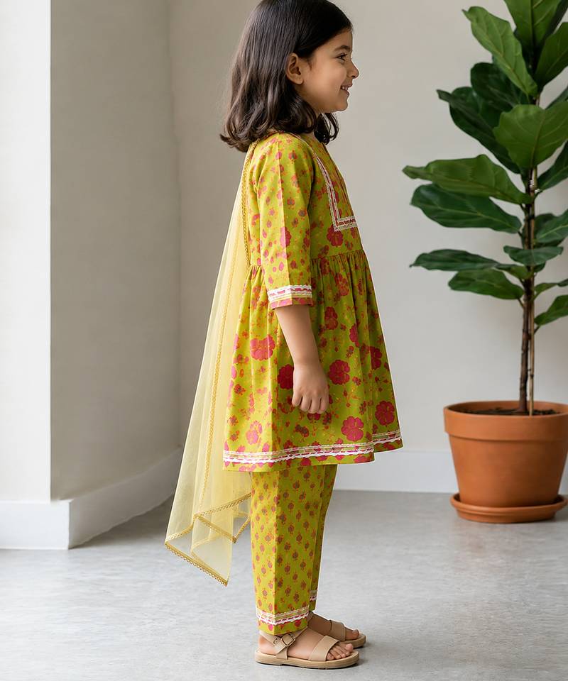 Lime green printed cotton kurti set
