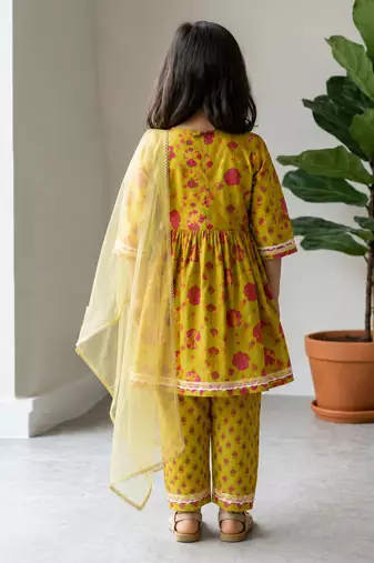 Lime green printed cotton kurti set
