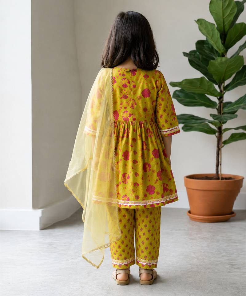 Lime green printed cotton kurti set