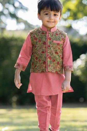 Peach pink printed cotton kurta with olive green jacket