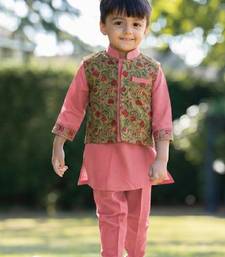 Peach pink printed cotton kurta with olive green jacket