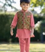 Peach pink printed cotton kurta with olive green jacket