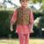 Peach pink printed cotton kurta with olive green jacket