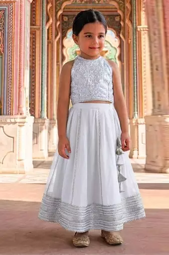 White embroidered brocade lehenga set