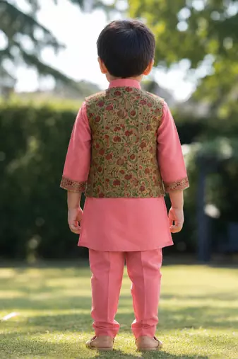 Peach pink printed cotton kurta with olive green jacket
