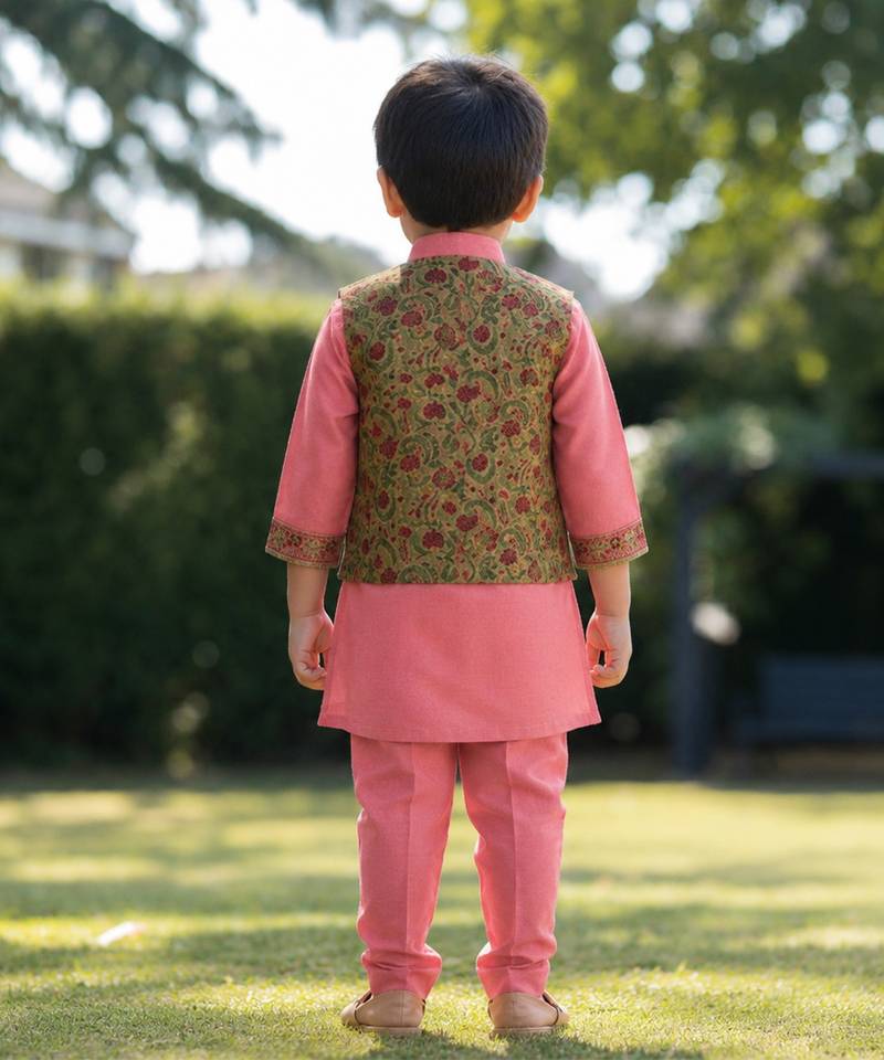 Peach pink printed cotton kurta with olive green jacket