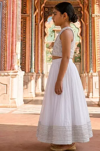 White embroidered brocade lehenga set