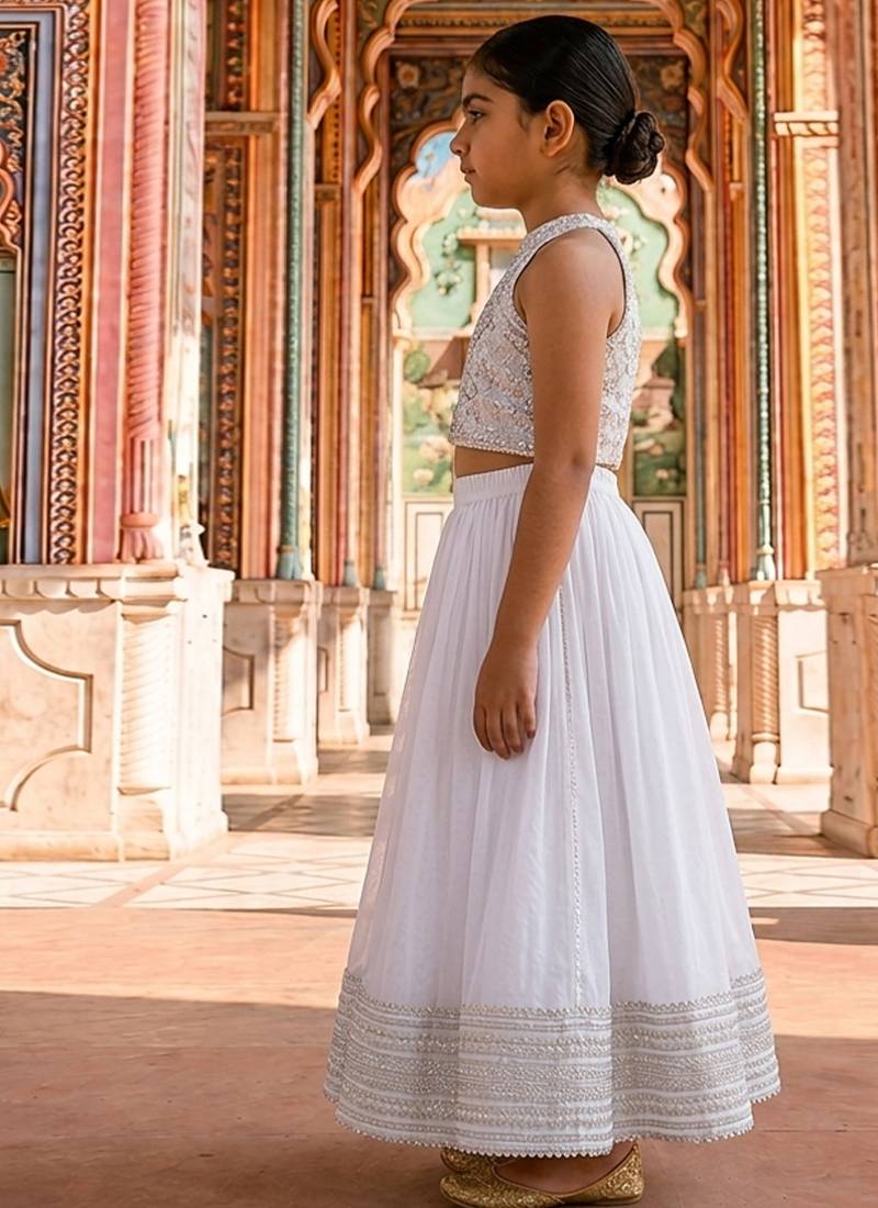 White embroidered brocade lehenga set