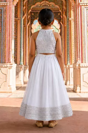 White embroidered brocade lehenga set