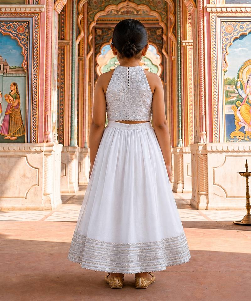 White embroidered brocade lehenga set