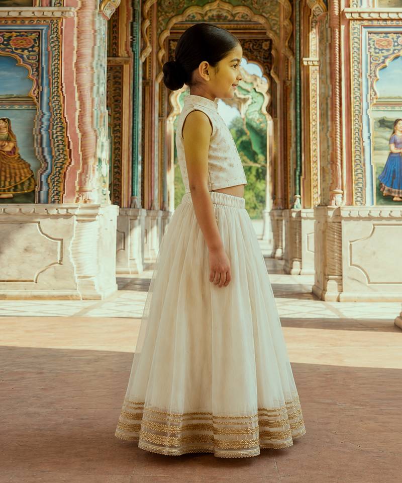 white embroidered silk lehenga set