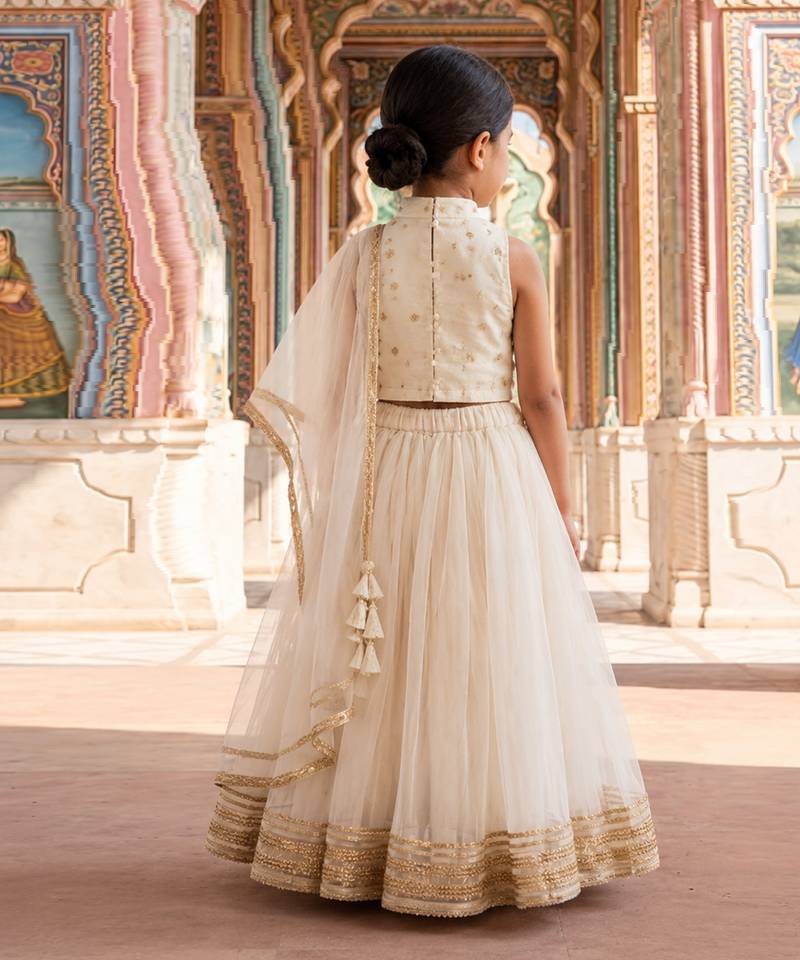 white embroidered silk lehenga set
