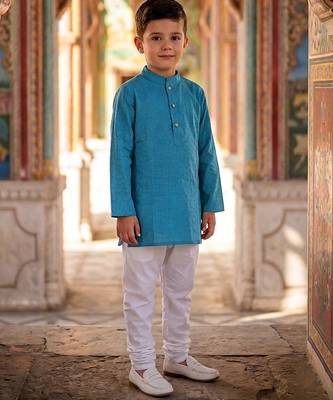 Teal blue printed cotton kurta pyjama 1