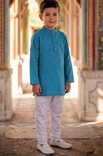 Teal blue printed cotton kurta pyjama
