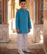 Teal blue printed cotton kurta pyjama