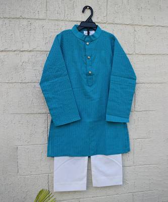 Teal blue printed cotton kurta pyjama 2