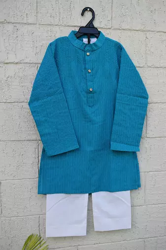 Teal blue printed cotton kurta pyjama