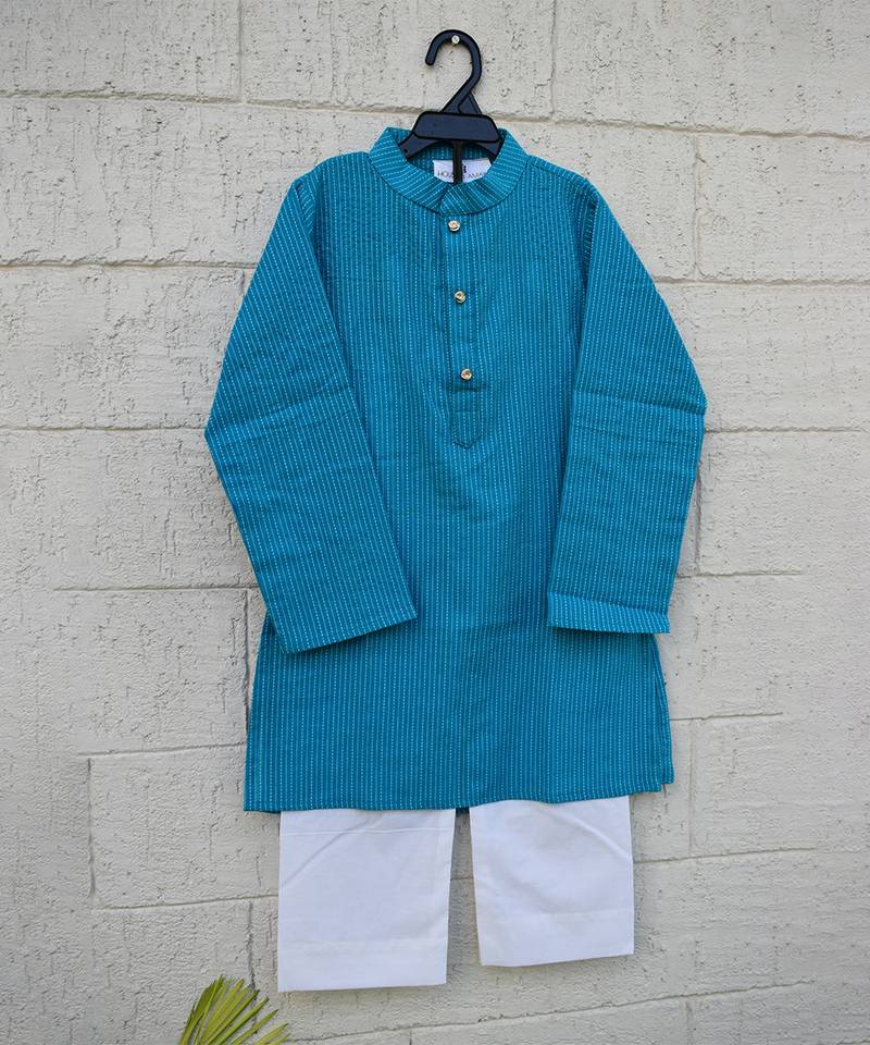 Teal blue printed cotton kurta pyjama
