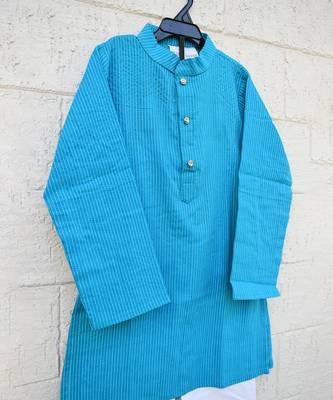 Teal blue printed cotton kurta pyjama 3