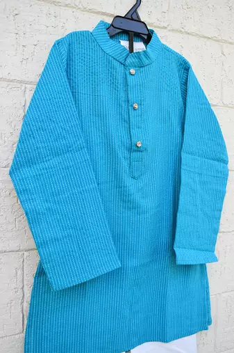 Teal blue printed cotton kurta pyjama