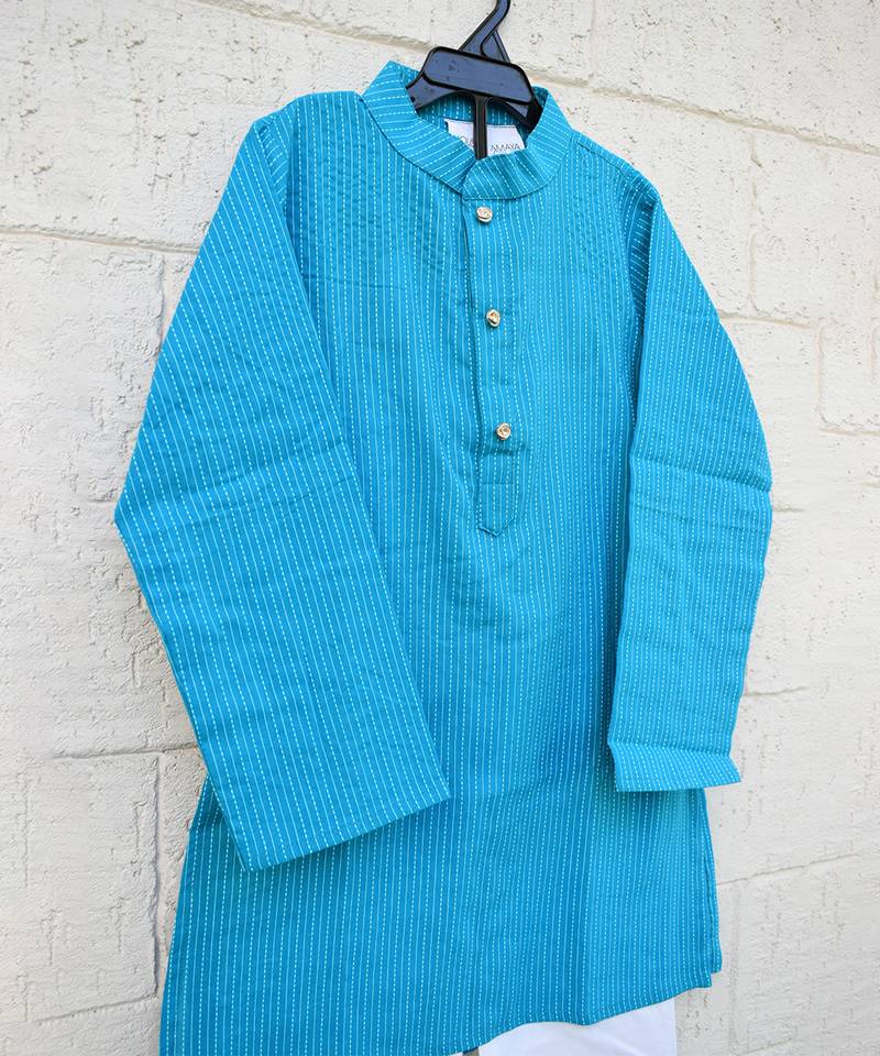 Teal blue printed cotton kurta pyjama